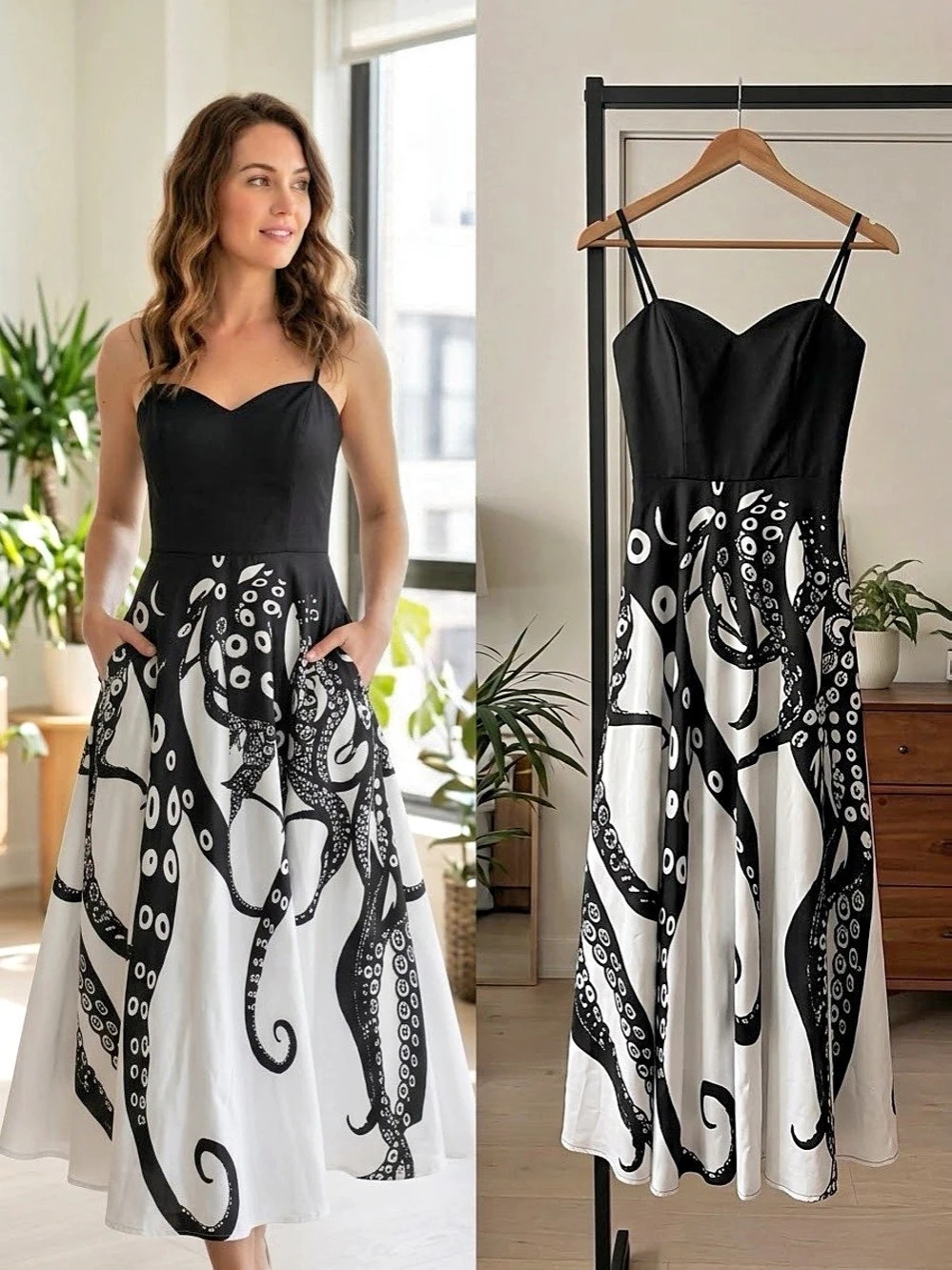 Women's Abstract Print Maxi Dress in Black & White Like New